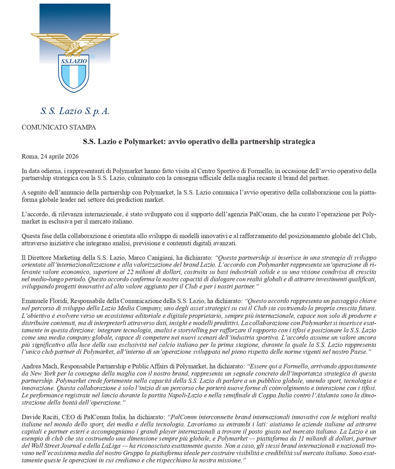 Comunicato stampa S.S. Lazio in merito all'accordo di partnership stipulato con il sito di prediction market PolyMarket