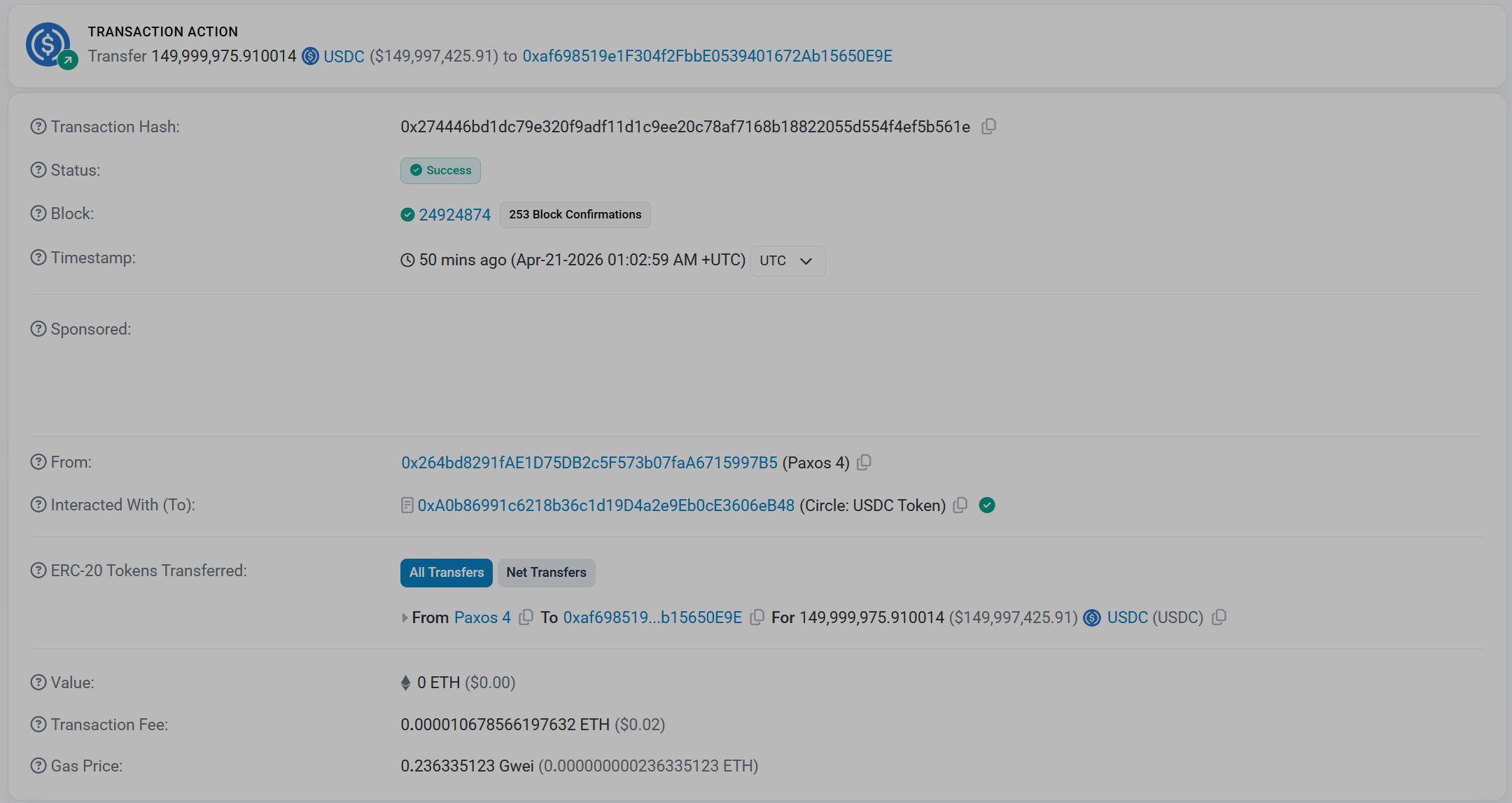 Paxos invia 150 milioni di usdc il 20 aprile
