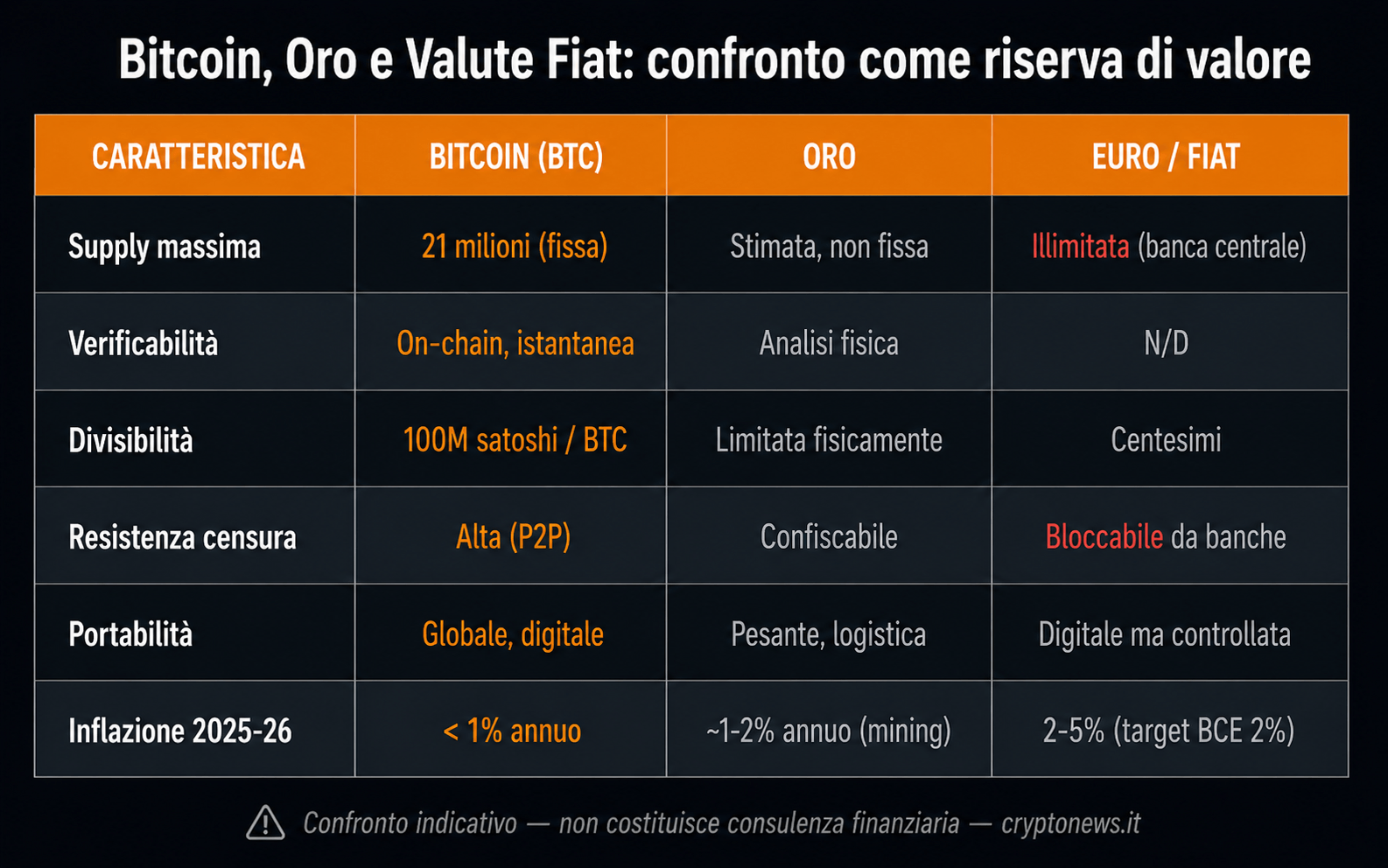 Bitcoin BTC vs oro valute fiat confronto store of value - Cryptonews.it