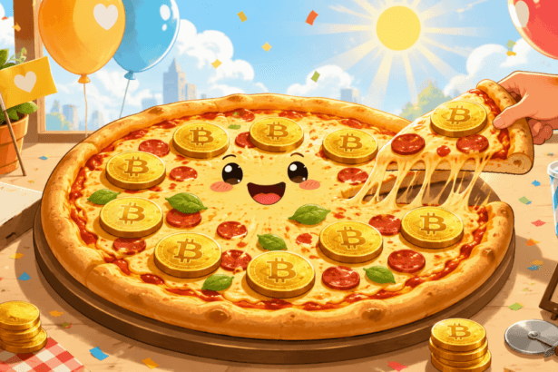 Bitcoin Pizza Day 2026 illustrazione Laszlo Hanyecz 10000 BTC due pizze