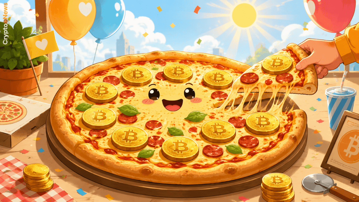 Bitcoin Pizza Day 2026 illustrazione Laszlo Hanyecz 10000 BTC due pizze