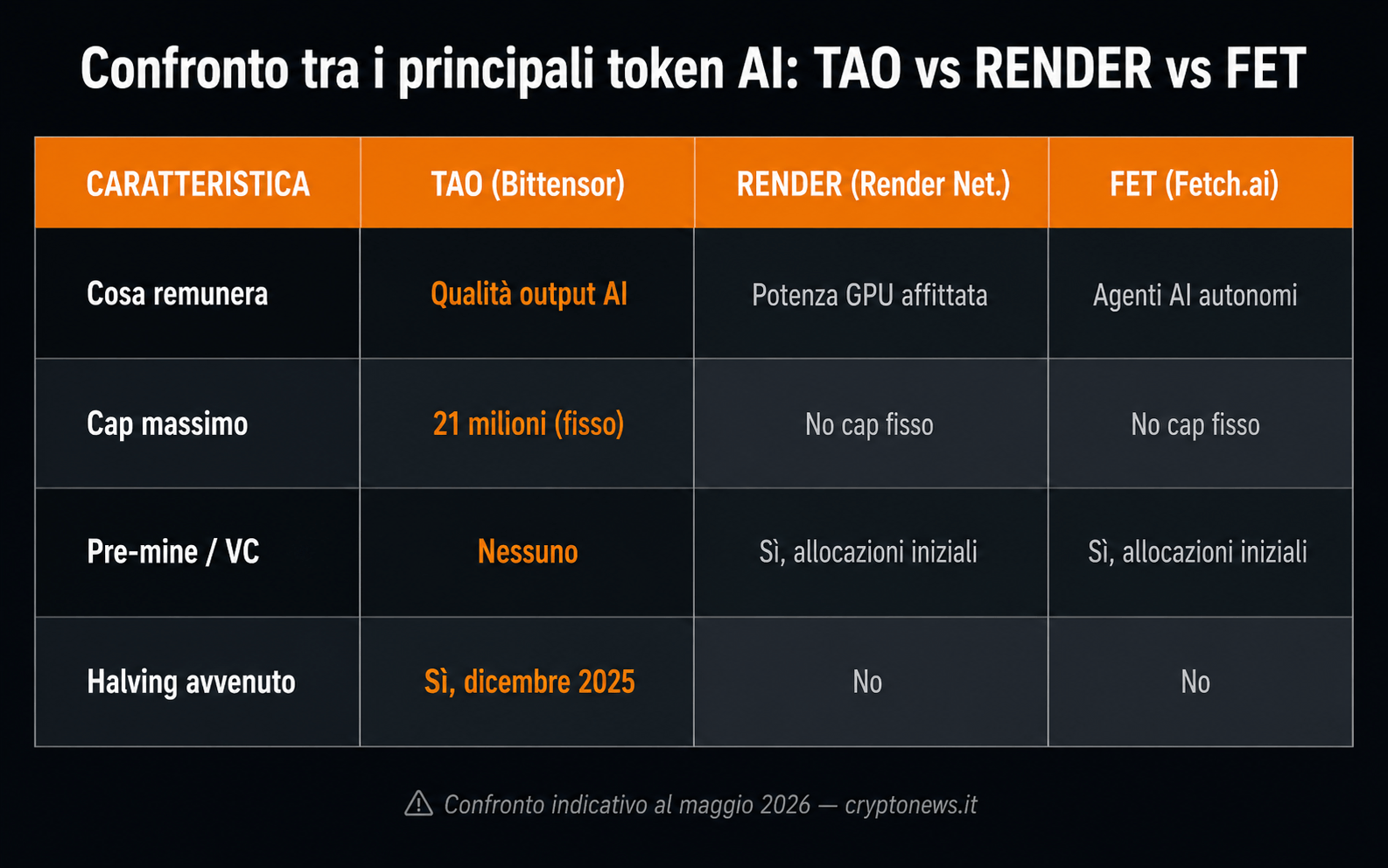 Bittensor TAO confronto Render Network Fetch AI crypto AI - Cryptonews.it