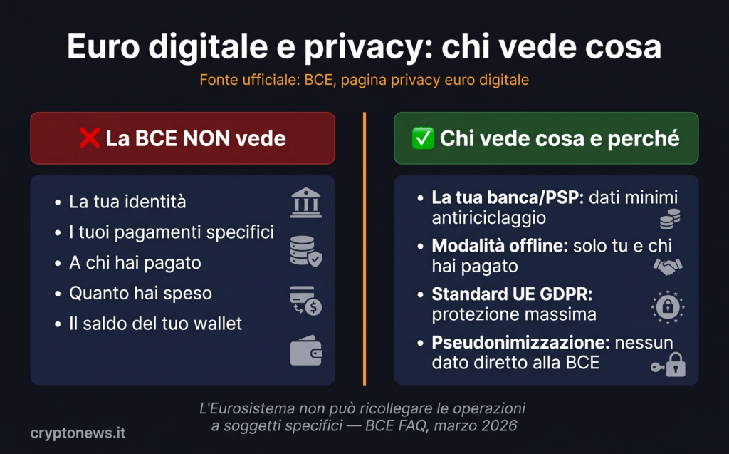Rappresentazione della protezione privacy nell'euro digitale: dati pseudonimizzati, la BCE non traccia i pagamenti