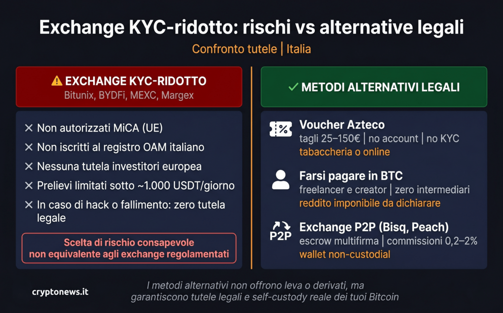 Exchange crypto KYC-ridotto 2026: Bitunix, BYDFi, MEXC e Margex non sono autorizzati MiCA in Europa — confronto con metodi alternativi legali come voucher Azteco