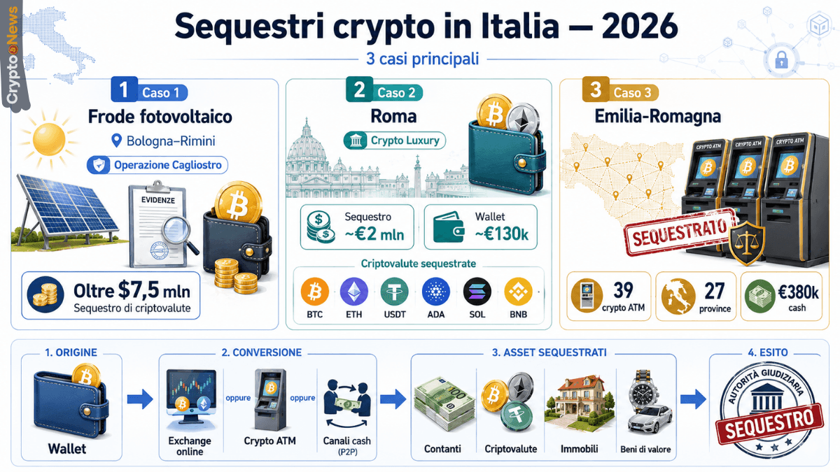 principali sequestri crypto 2026 Italia wallet euro cripto bancomat