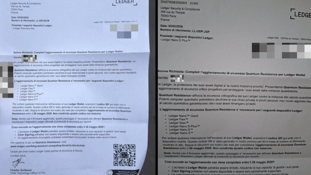 truffa Ledger lettera falsa Italia 2026 QR code quantum resistance phishing cartaceo seed phrase