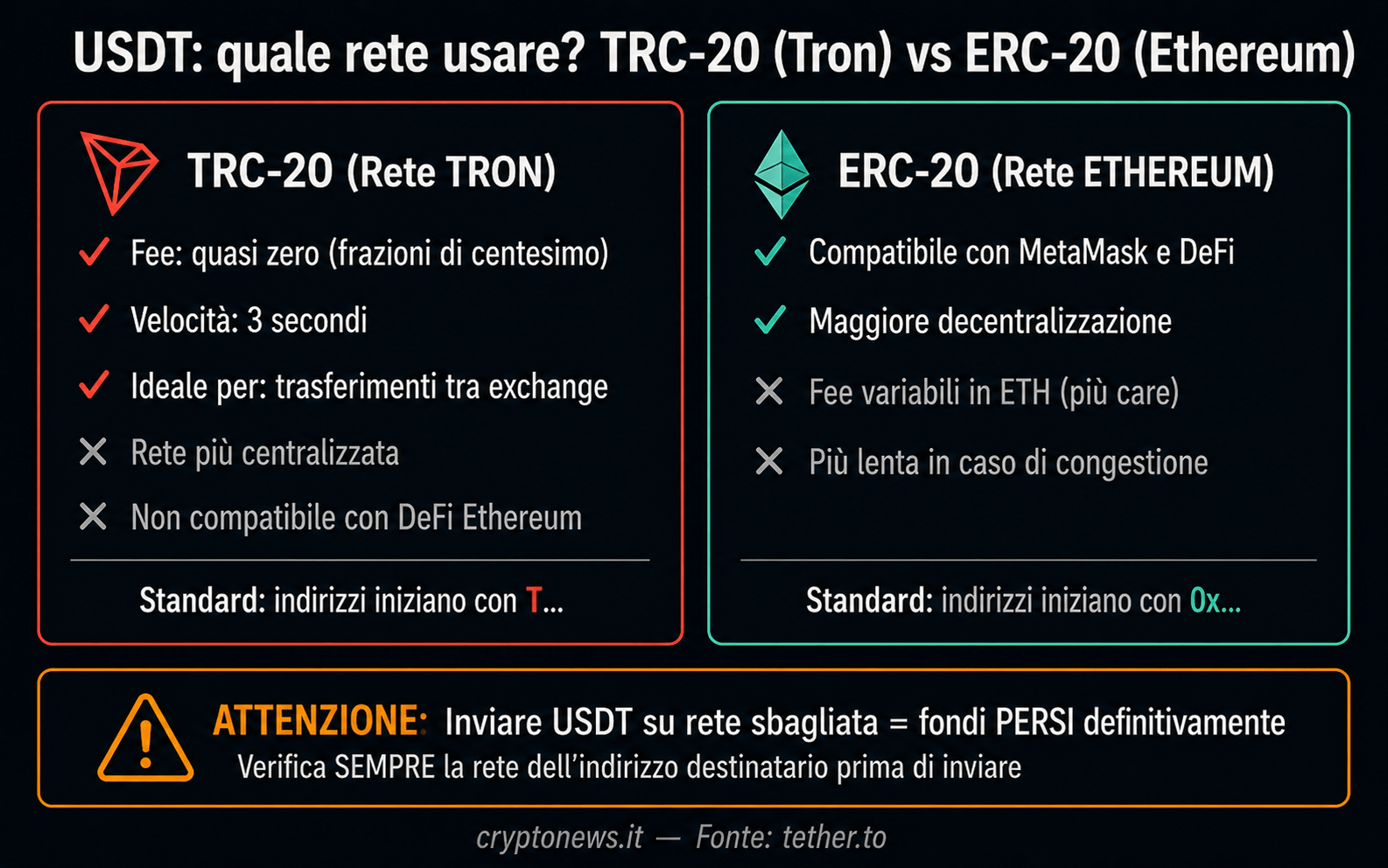 USDT come usare wallet rete TRC20 ERC20 Tron Ethereum - Cryptonews.it