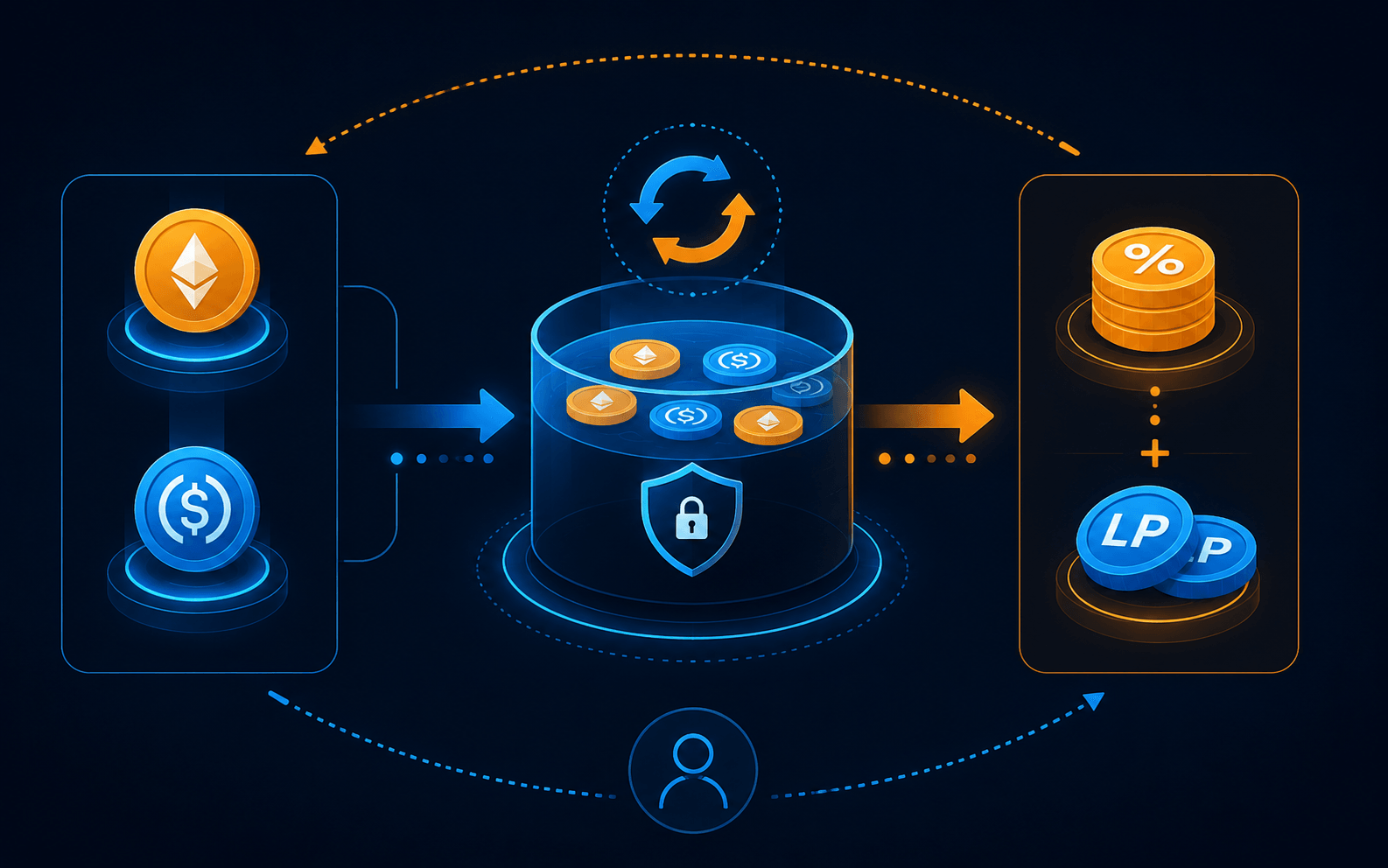 Schema del funzionamento dello yield farming con pool di liquidità, token LP e ricompense DeFi