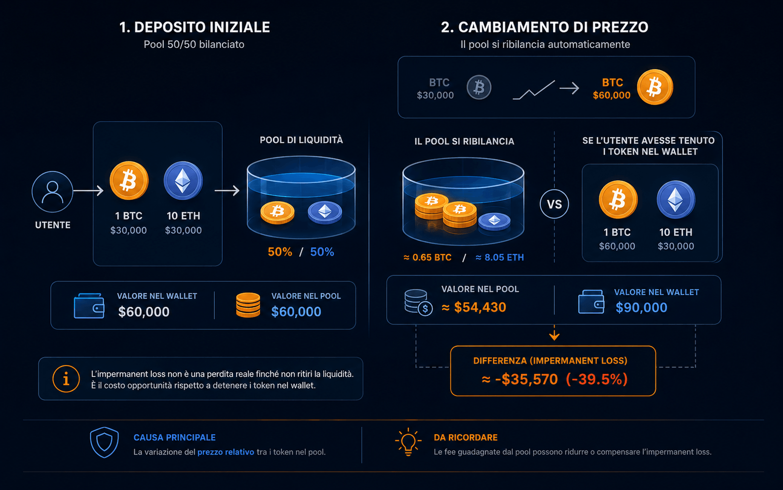 Schema dell impermanent loss in un pool di liquidità con variazione di prezzo dei token
