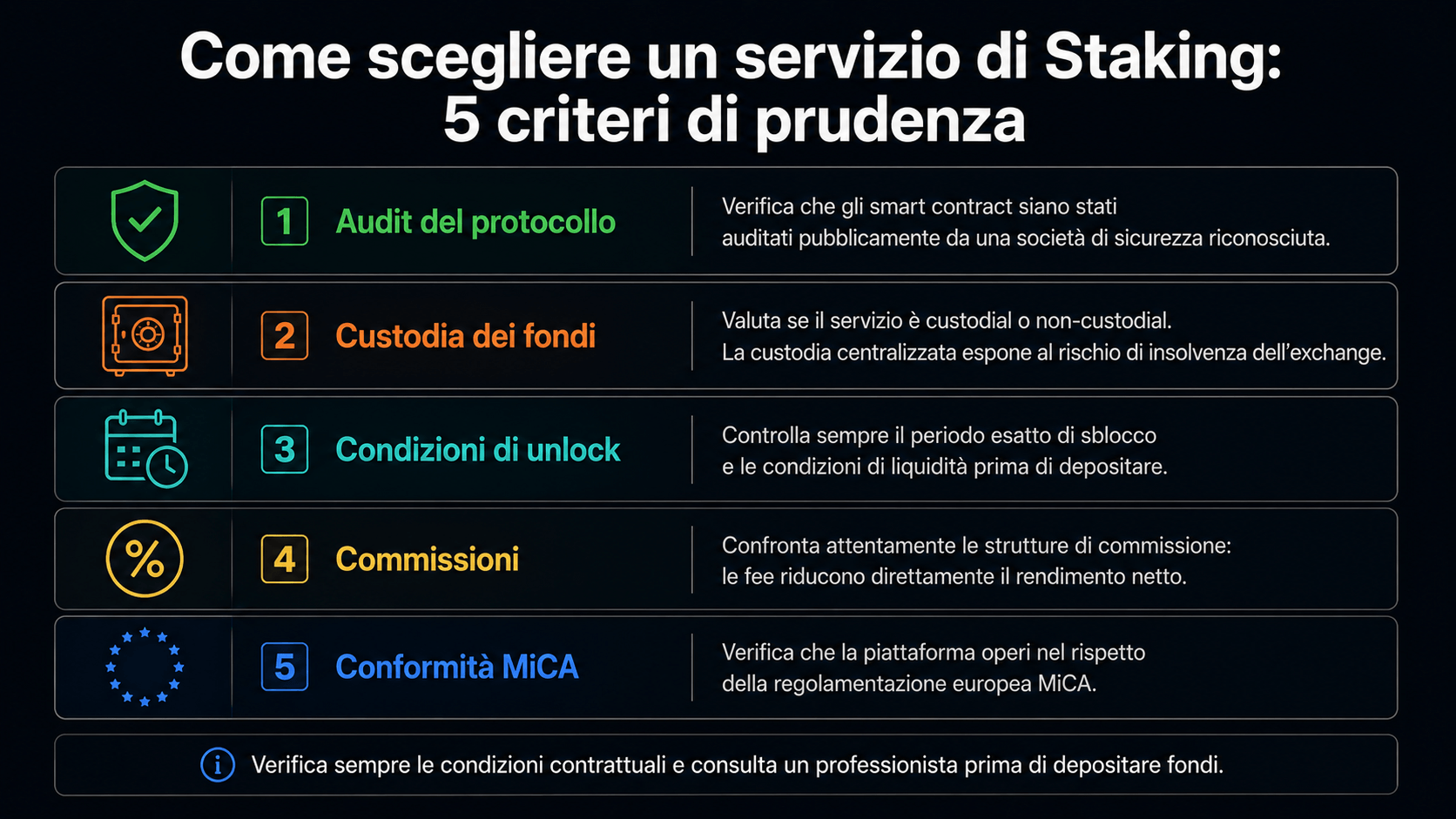 Staking crypto, cos'è? Guida semplice Infografica come scegliere servizio staking crypto criteri audit protocollo custodia fondi condizioni unlock commissioni conformità MiCA