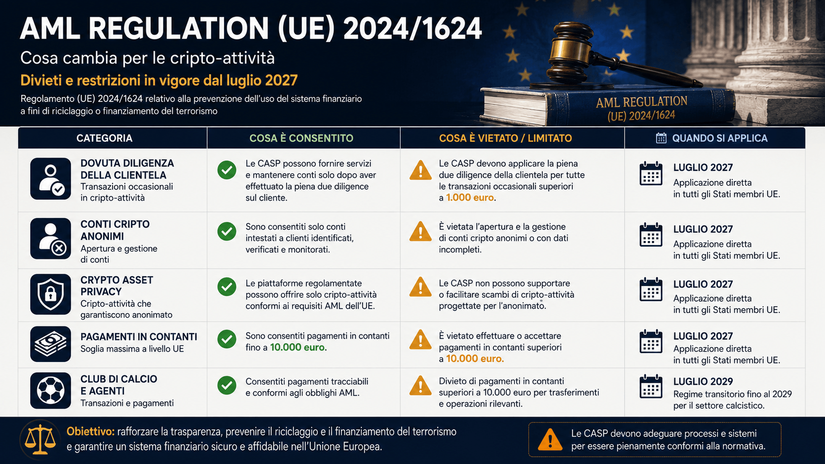 Unione Europea: Stop a crypto privacy e conti anonimi dal 2027 nuovi soggetti obbligati AML UE 2027 club calcio lusso crowdfunding crypto