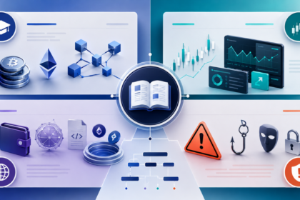 Glossario crypto in italiano con categorie di termini base, trading, DeFi, Web3, truffe e fiscalità spiegate in infografica editoriale