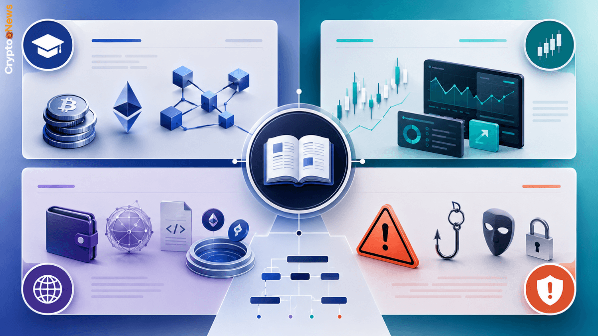 Glossario crypto in italiano con categorie di termini base, trading, DeFi, Web3, truffe e fiscalità spiegate in infografica editoriale