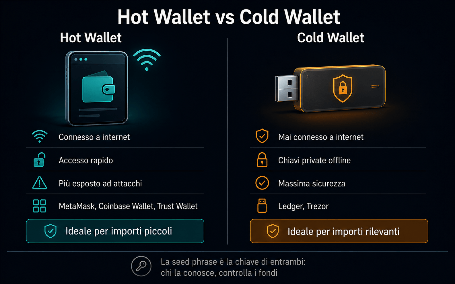 Glossario Crypto: tutti i termini da conoscere nel mondo delle criptovalute Infografica: differenza tra hot wallet connesso a internet e cold wallet hardware offline, sicurezza e casi d'uso