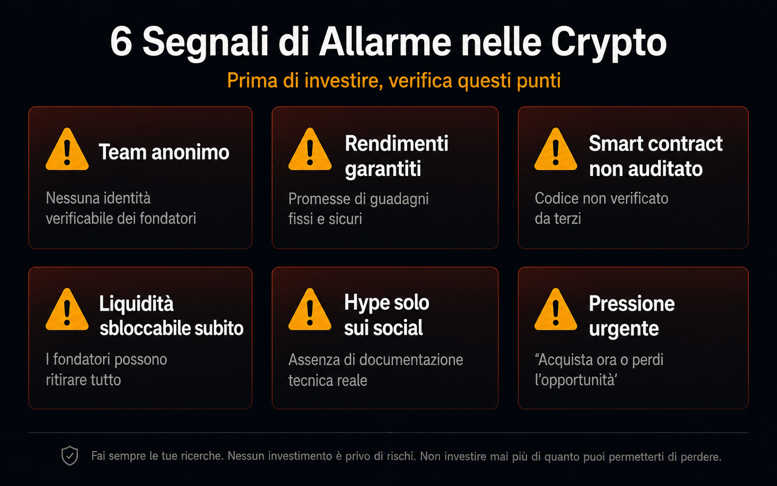Glossario Crypto: tutti i termini da conoscere nel mondo delle criptovalute Infografica: 6 segnali d'allarme per riconoscere truffe crypto come rug pull, rendimenti garantiti e team anonimi