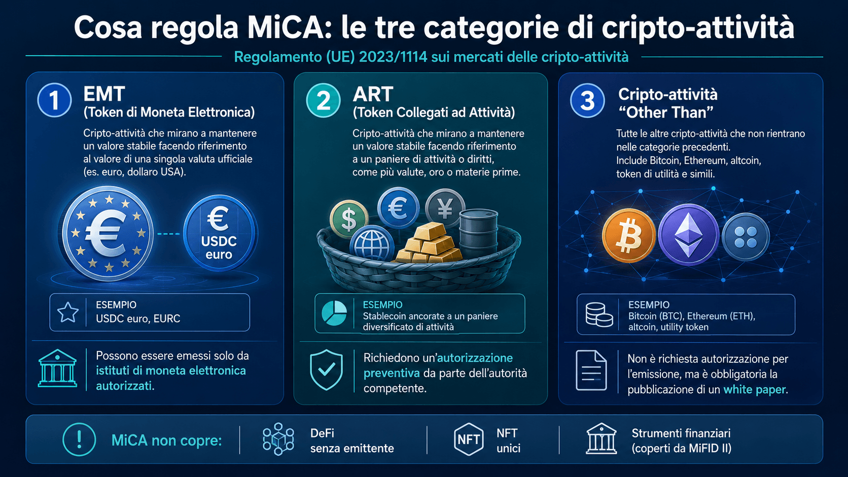 Infografica MiCA cosa regola tre categorie cripto-attività EMT token moneta elettronica ART token collegati attività e other than con esempi Bitcoin Ethereum stablecoin