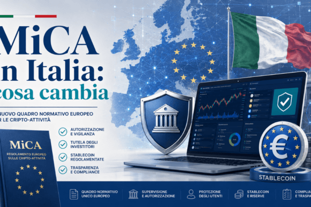 Copertina editoriale su MiCA in Italia con regole per exchange, stablecoin, utenti e autorità europee