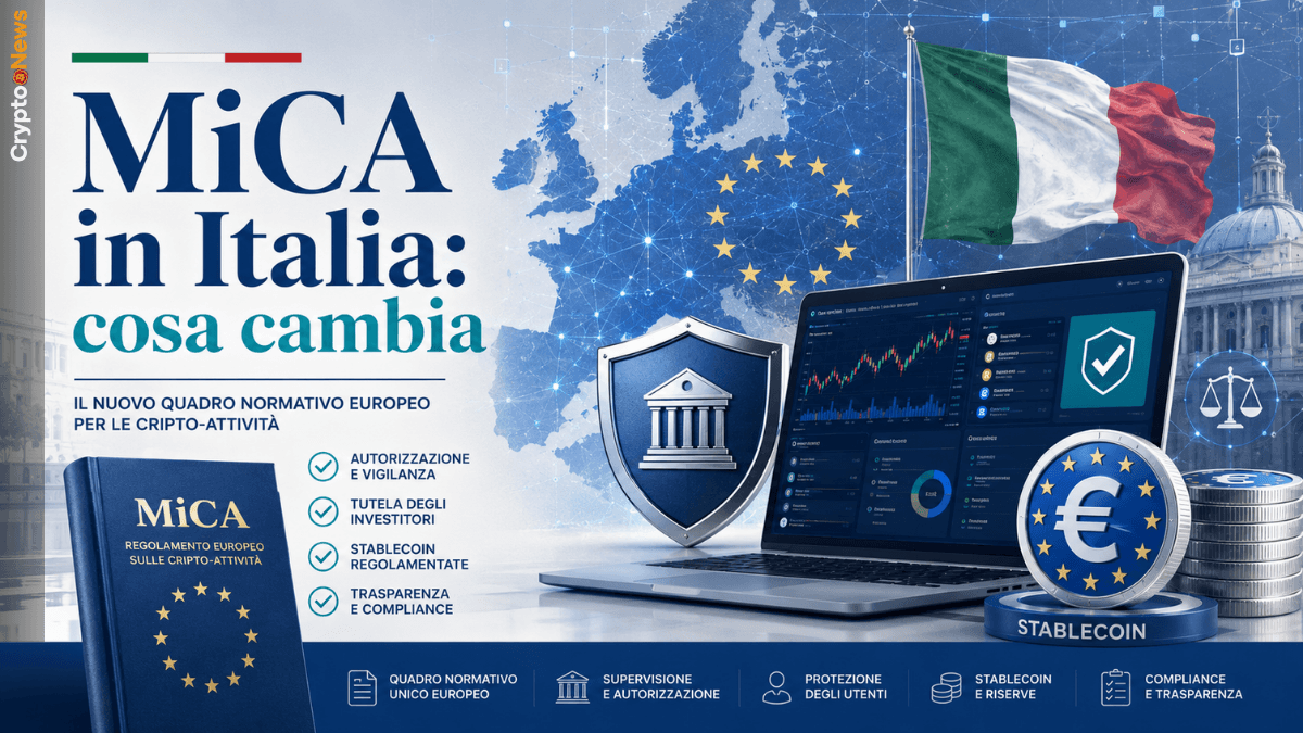 MiCA in Italia: cos'è, cosa cambia per exchange e utenti Copertina editoriale su MiCA in Italia con regole per exchange, stablecoin, utenti e autorità europee