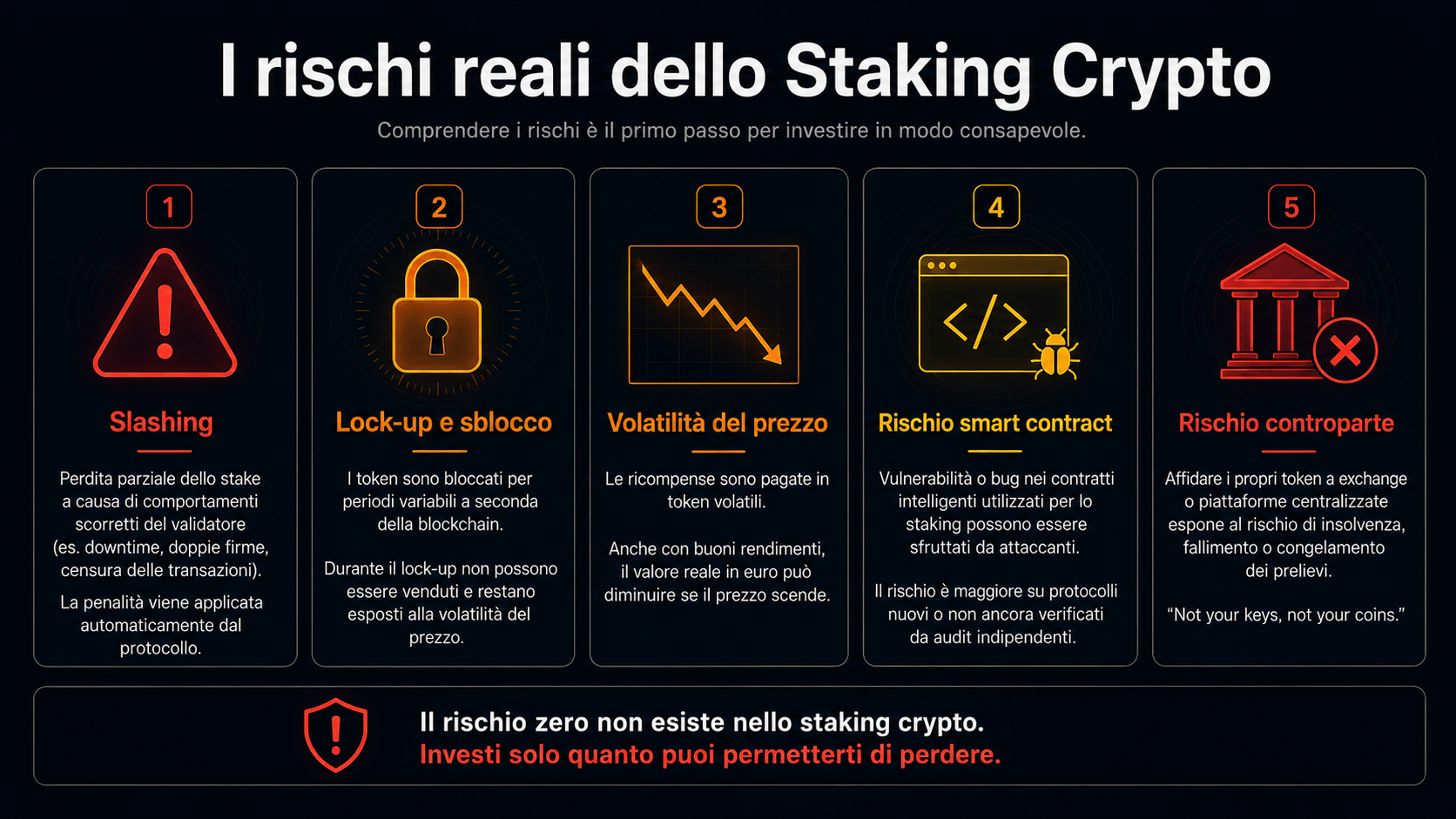 Staking crypto, cos'è? Guida semplice Infografica rischi staking crypto slashing lock-up periodo sblocco volatilità prezzo asset rischio smart contract piattaforme custodial