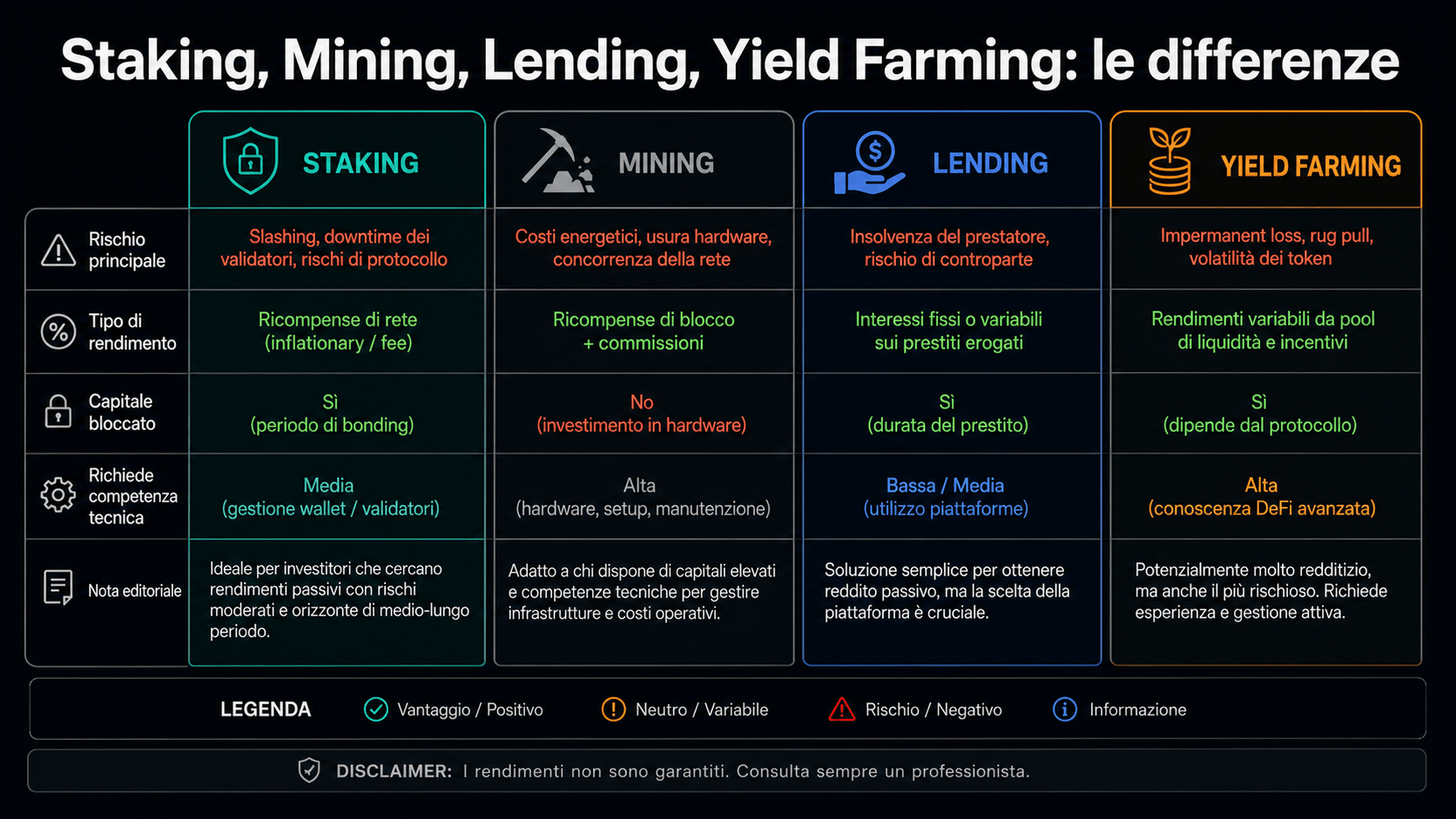 Staking crypto, cos'è? Guida semplice Infografica confronto staking mining lending yield farming crypto differenze rischi rendimenti capitale bloccato tabella comparativa
