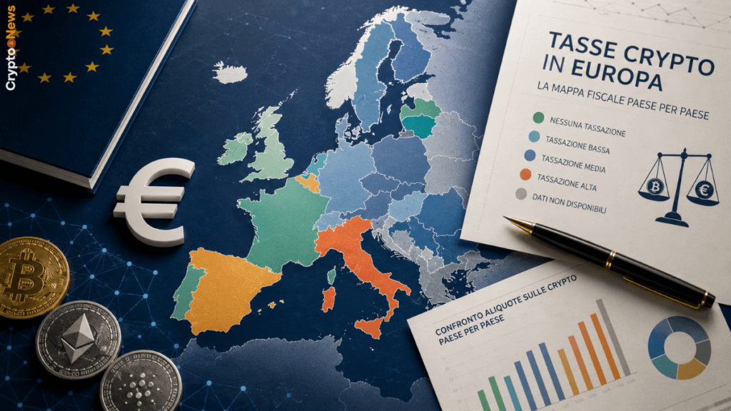 editoriale su tasse crypto in Europa con mappa fiscale comparativa dei paesi più favorevoli e meno favorevoli per investitori italiani