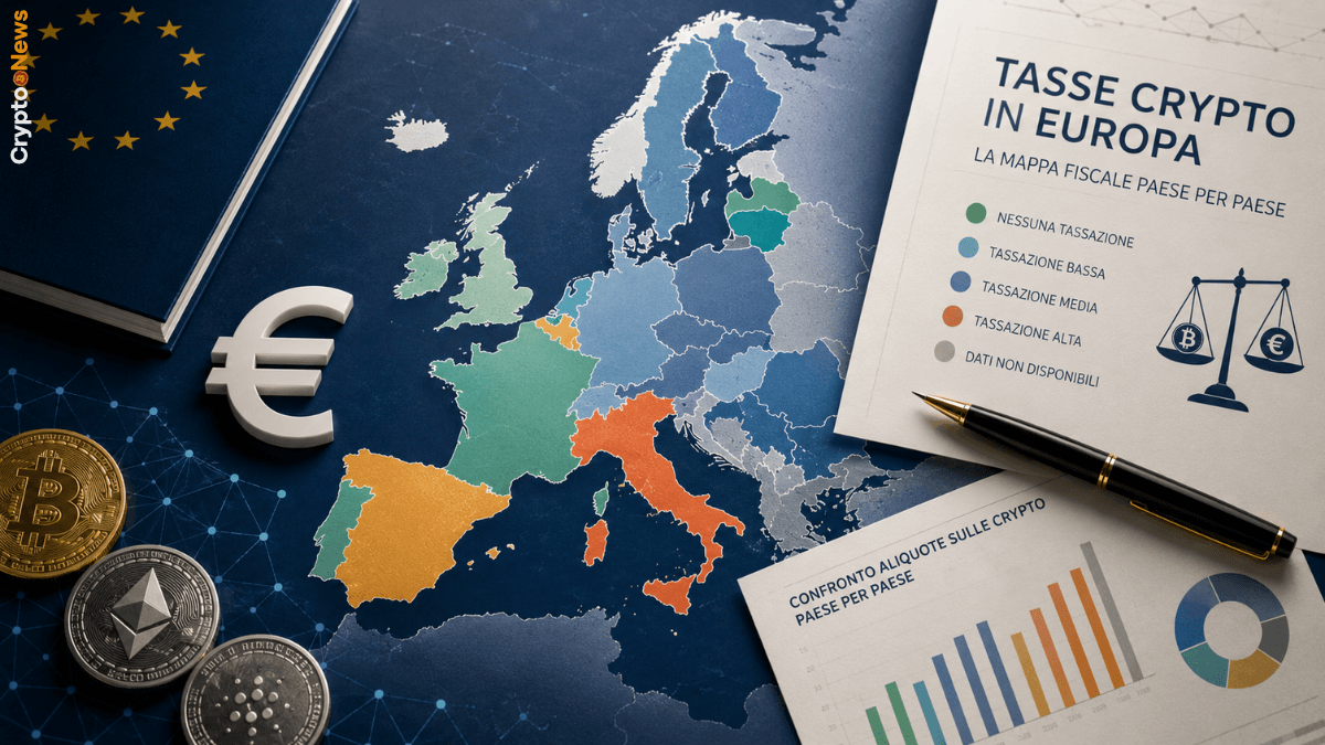 editoriale su tasse crypto in Europa con mappa fiscale comparativa dei paesi più favorevoli e meno favorevoli per investitori italiani