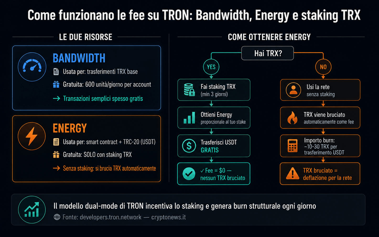 TRX TRON modello Bandwidth Energy staking fee zero spiegazione - Cryptonews.it