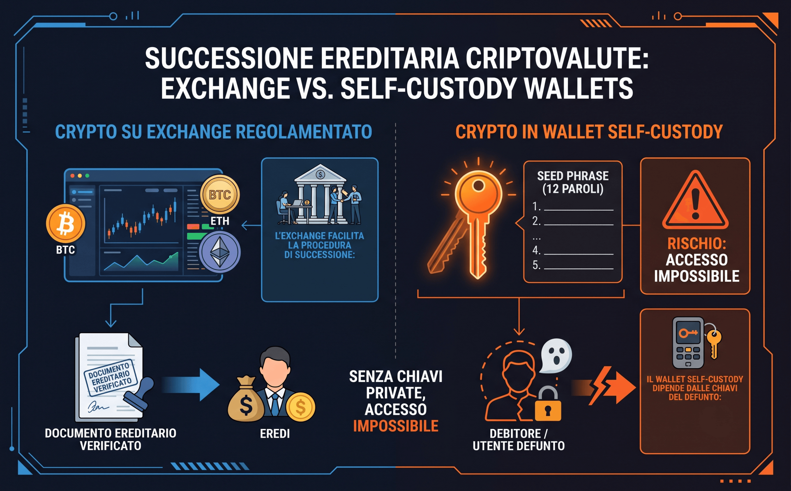 Differenza tra wallet self custody ed exchange nella successione delle criptovalute
