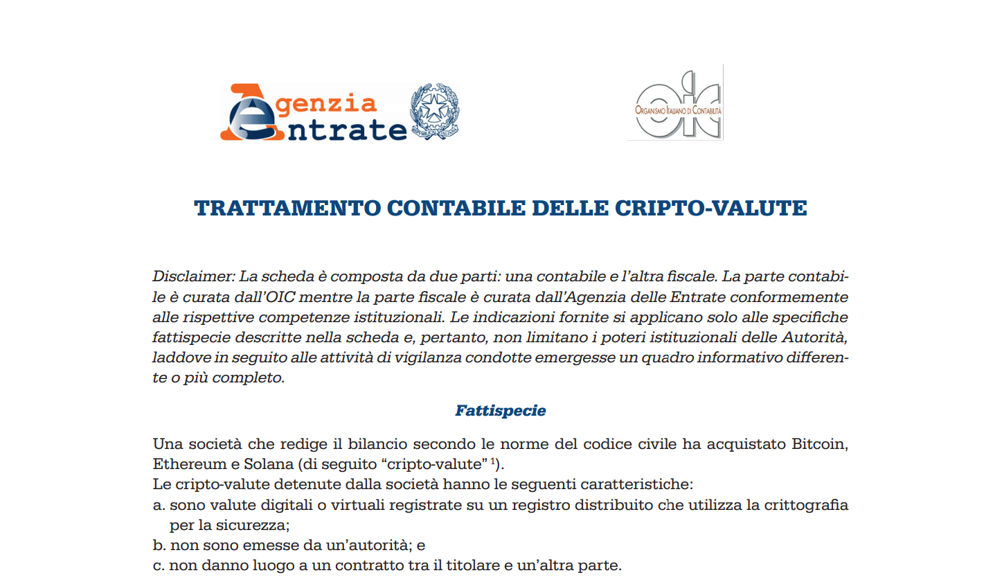 Criptovalute in bilancio, le regole OIC e dell'Agenzia delle Entrate Documento Agenzia delle Entrate riguardante il trattamento contabile delle criptovalute