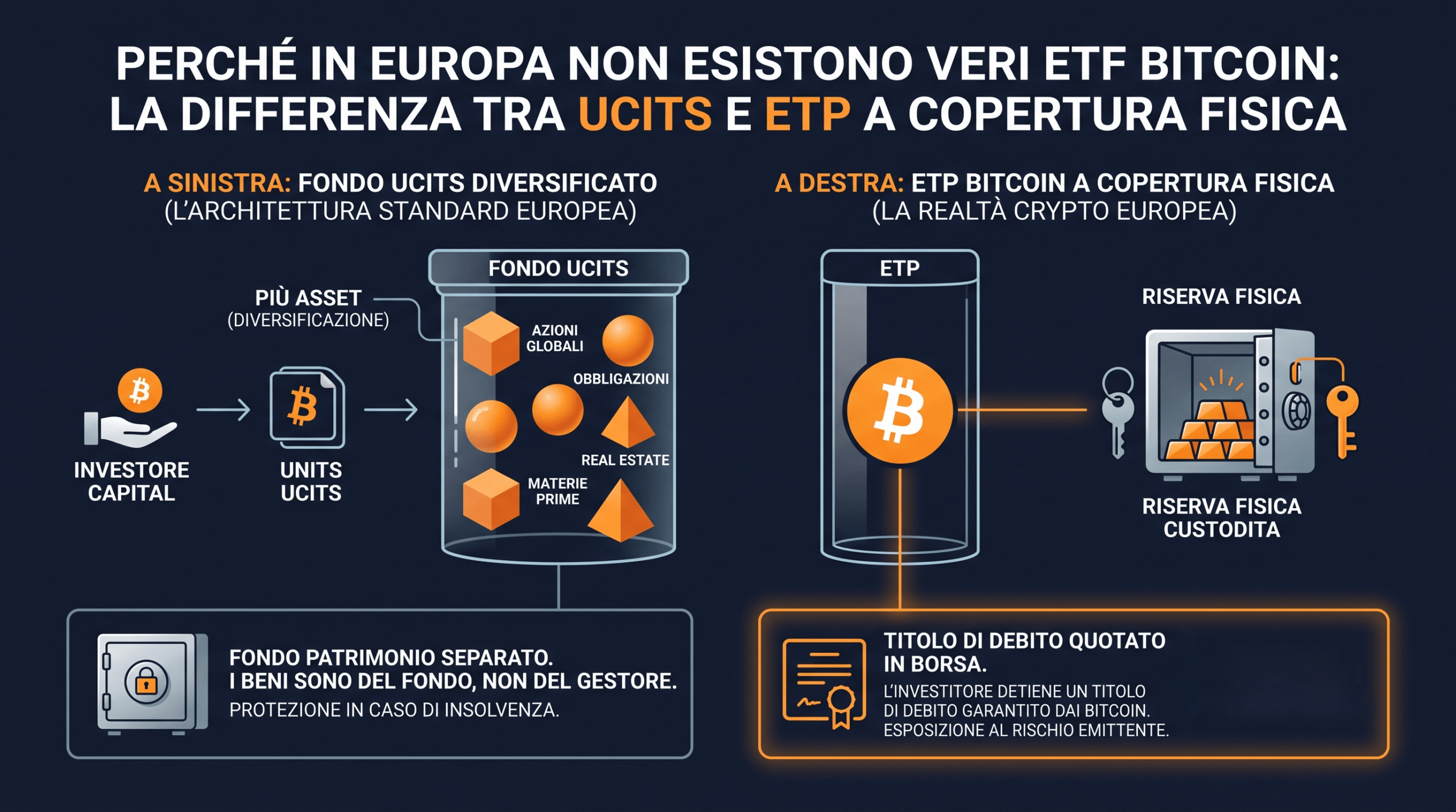ETF Bitcoin in Italia: quanti sono e quali sono i migliori oggi Infografica sulla differenza tra ETF e ETP Bitcoin in Europa con copertura fisica e regole UCITS