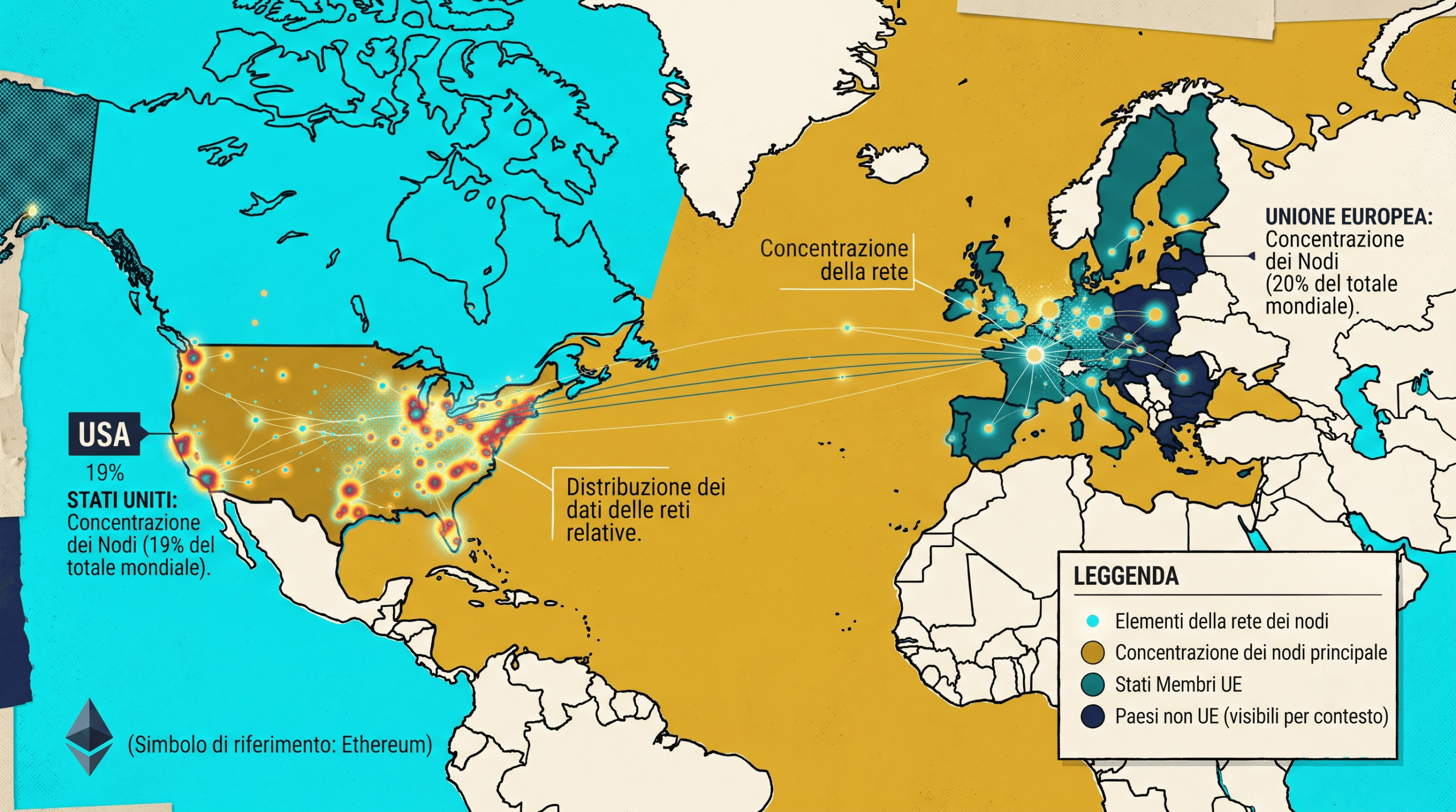 Nodi Ethereum concentrati in USA secondo uno studio di Cambridge Mappa orizzontale della distribuzione dei nodi Ethereum tra USA ed Europa