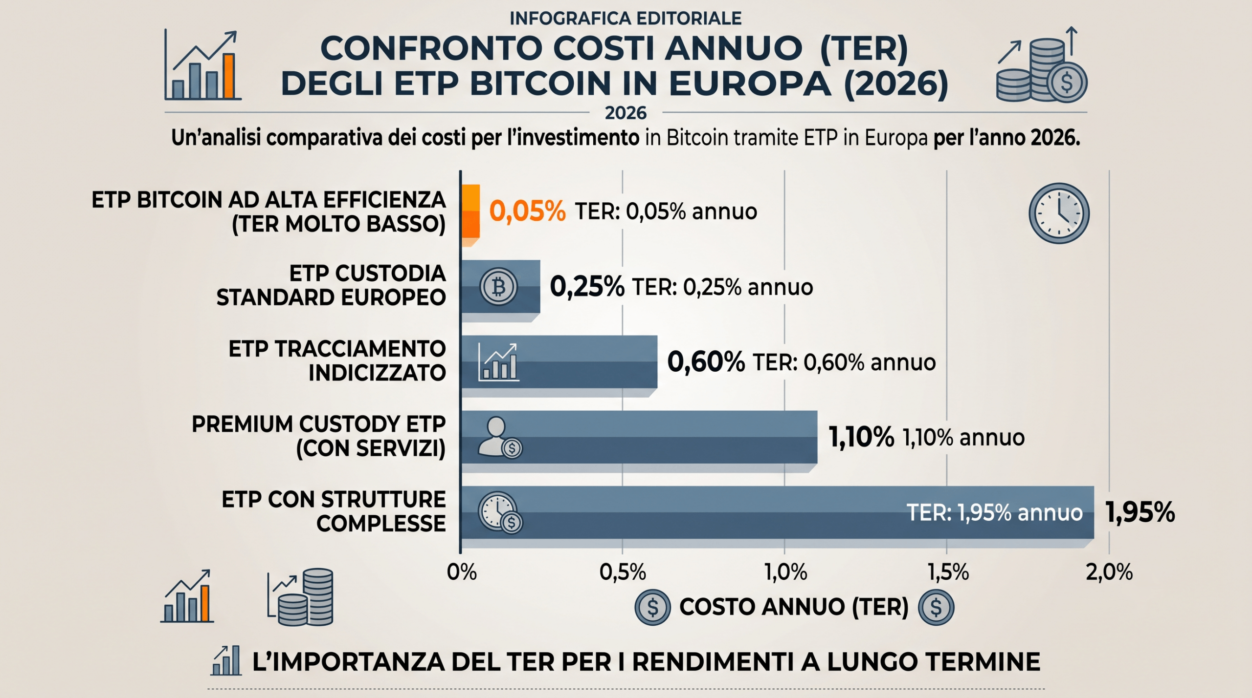 ETF Bitcoin in Italia: quanti sono e quali sono i migliori oggi Crea un'infografica editoriale verticale in italiano che confronti visivamente il costo annuo, il TER, dei principali ETP Bitcoin disponibili in Europa nel 2026. Rappresenta una scala comparativa con barre orizzontali di lunghezza proporzionale al costo, dal prodotto più economico con TER intorno allo 0,05% al più caro vicino al 2%. Inserisci etichette numeriche chiare in italiano per ogni barra, senza citare marchi specifici nel disegno grafico. Usa un layout da articolo economico serio, sfondo chiaro o grigio caldo, accenti arancioni per evidenziare i prodotti più convenienti. Nessuna persona, nessun effetto futuristico. Formato verticale 4:5, nitido e leggibile.