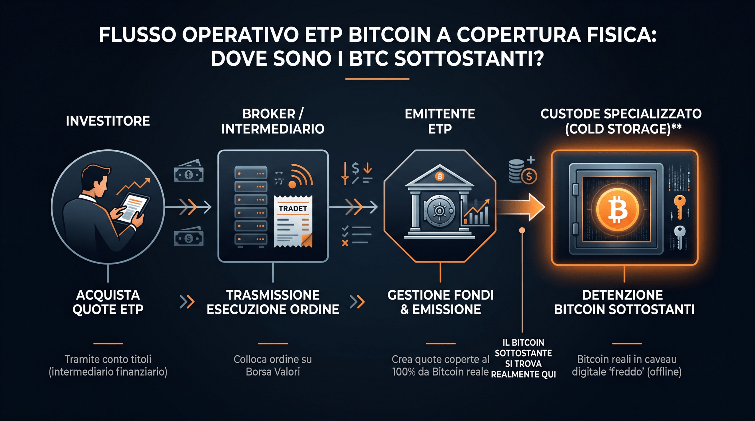 ETF Bitcoin in Italia: quanti sono e quali sono i migliori oggi Infografica sul funzionamento della copertura fisica negli ETP Bitcoin con custodia e cold storage