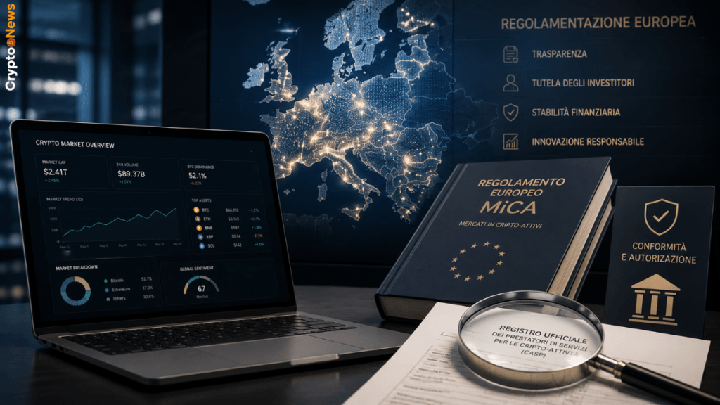 Migliori exchange crypto regolamentati MiCAR in Europa, con mappa UE, registro CASP e tema autorizzazioni normative
