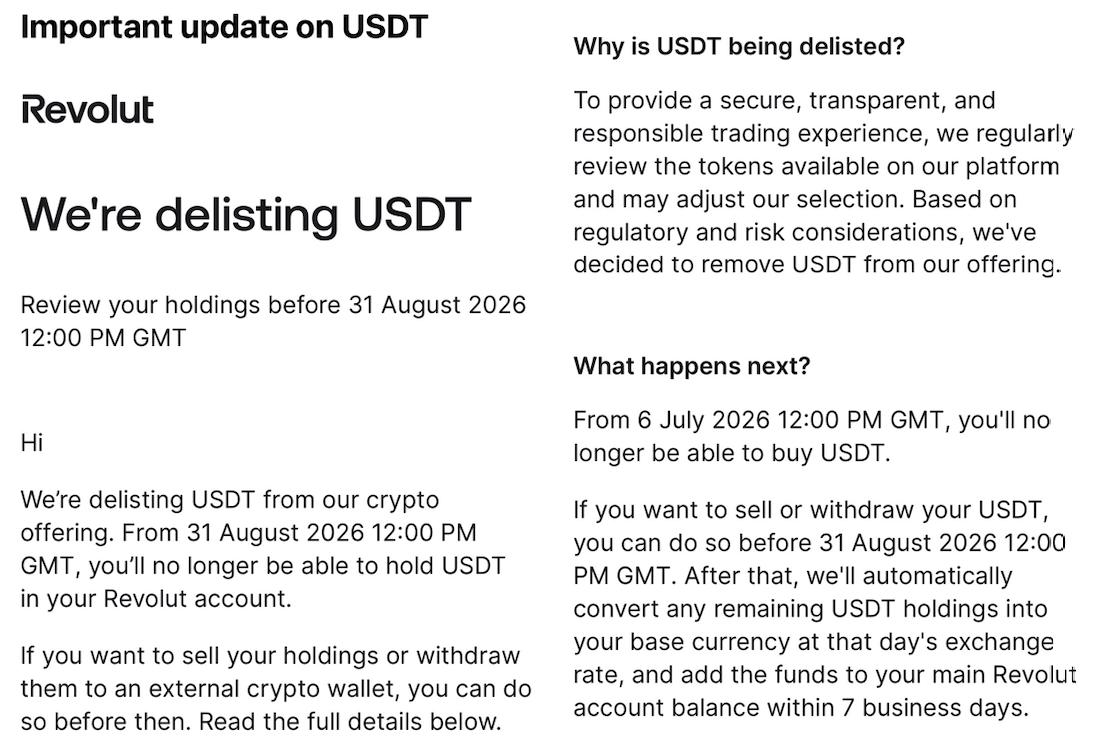 Comunicazione delisting da parte di Revolut di USDT a causa delle normative MiCA