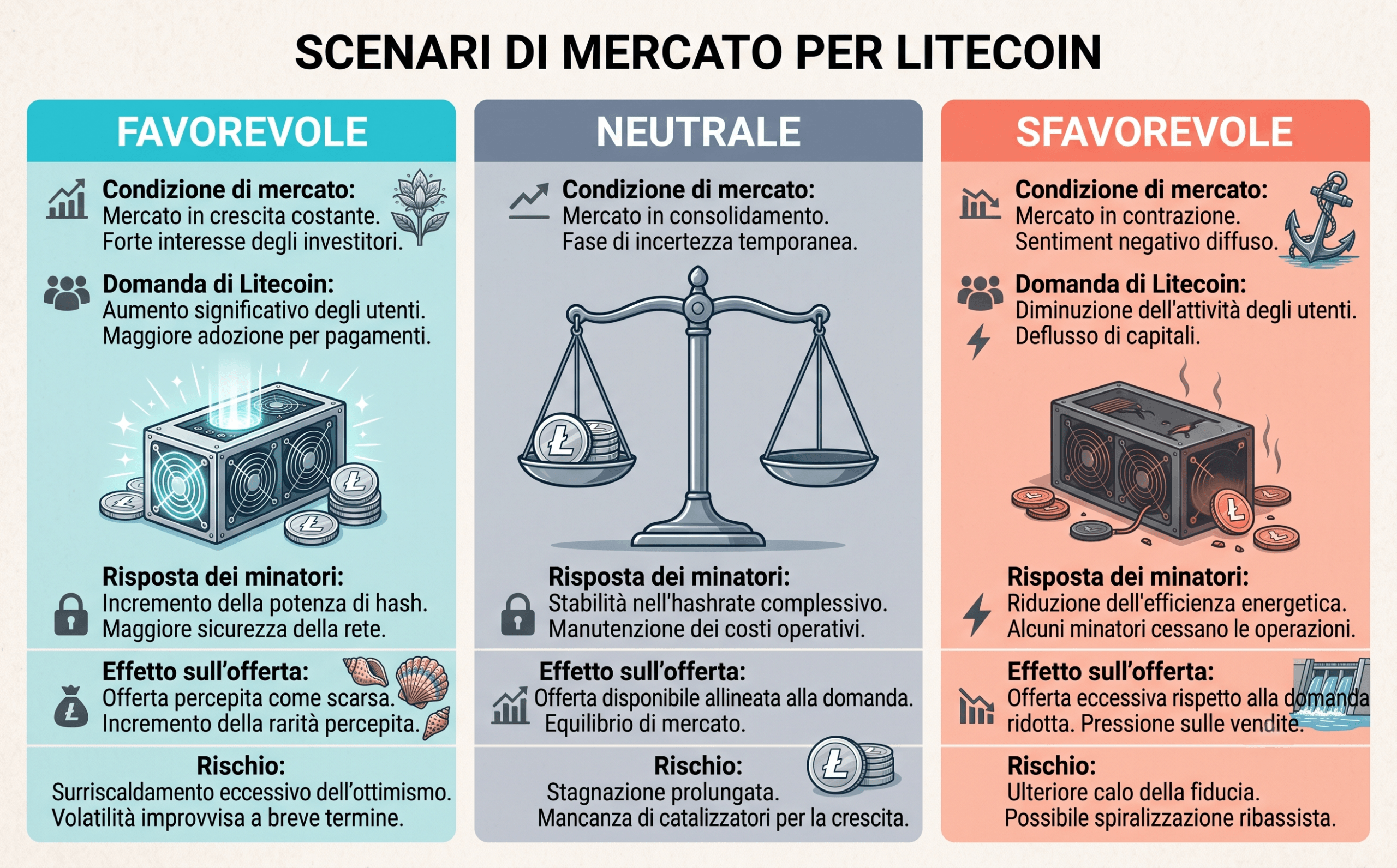 Infografica con scenari favorevole neutrale e sfavorevole per Litecoin nel 2027