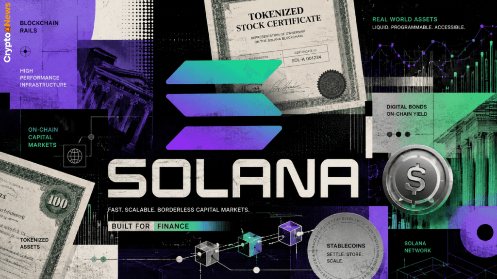 Solana guarda oltre i memecoin e punta ai mercati tokenizzati Solana e mercati di capitali tokenizzati in un'illustrazione editoriale