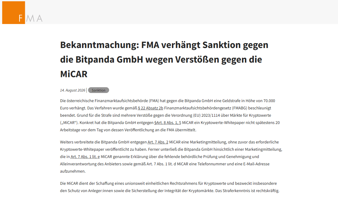 Documento della FMA austriaca sulla sanzione verso Bitpanda