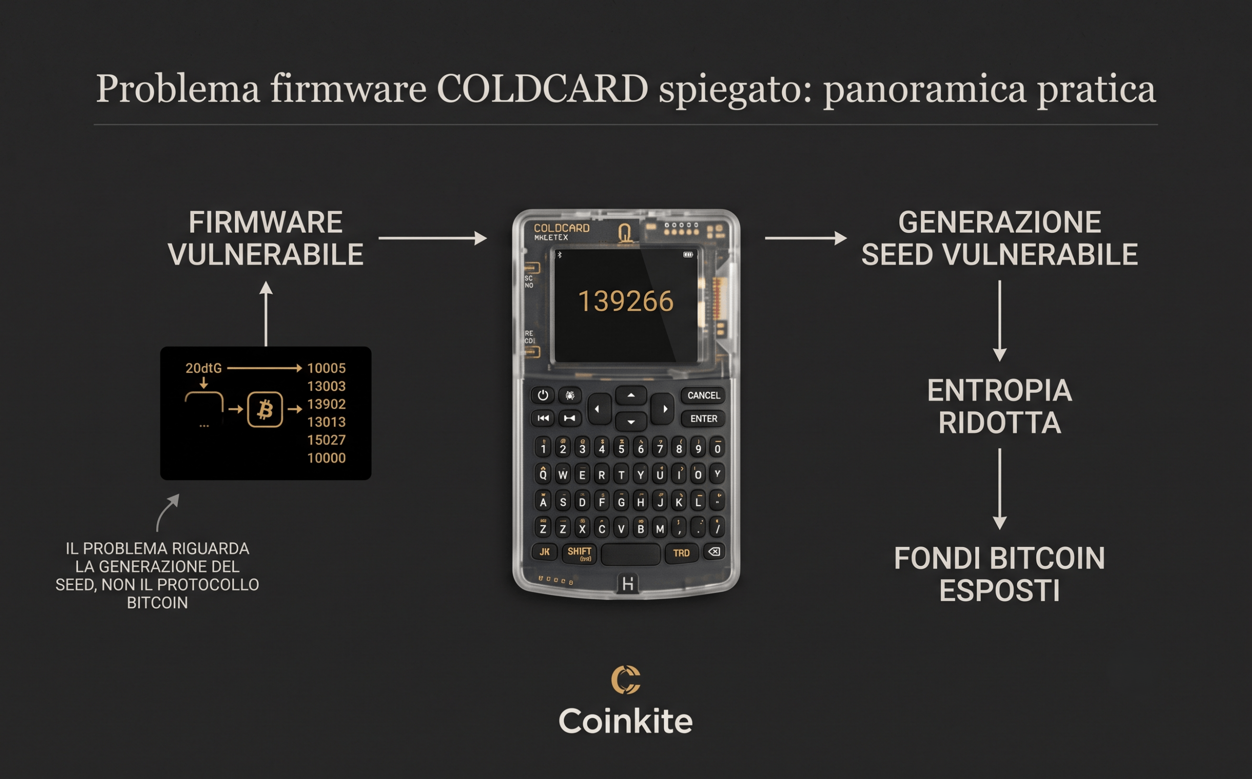 Coldcard exploit spiegato con focus sulla seed generation e sul rischio per i fondi Bitcoin.