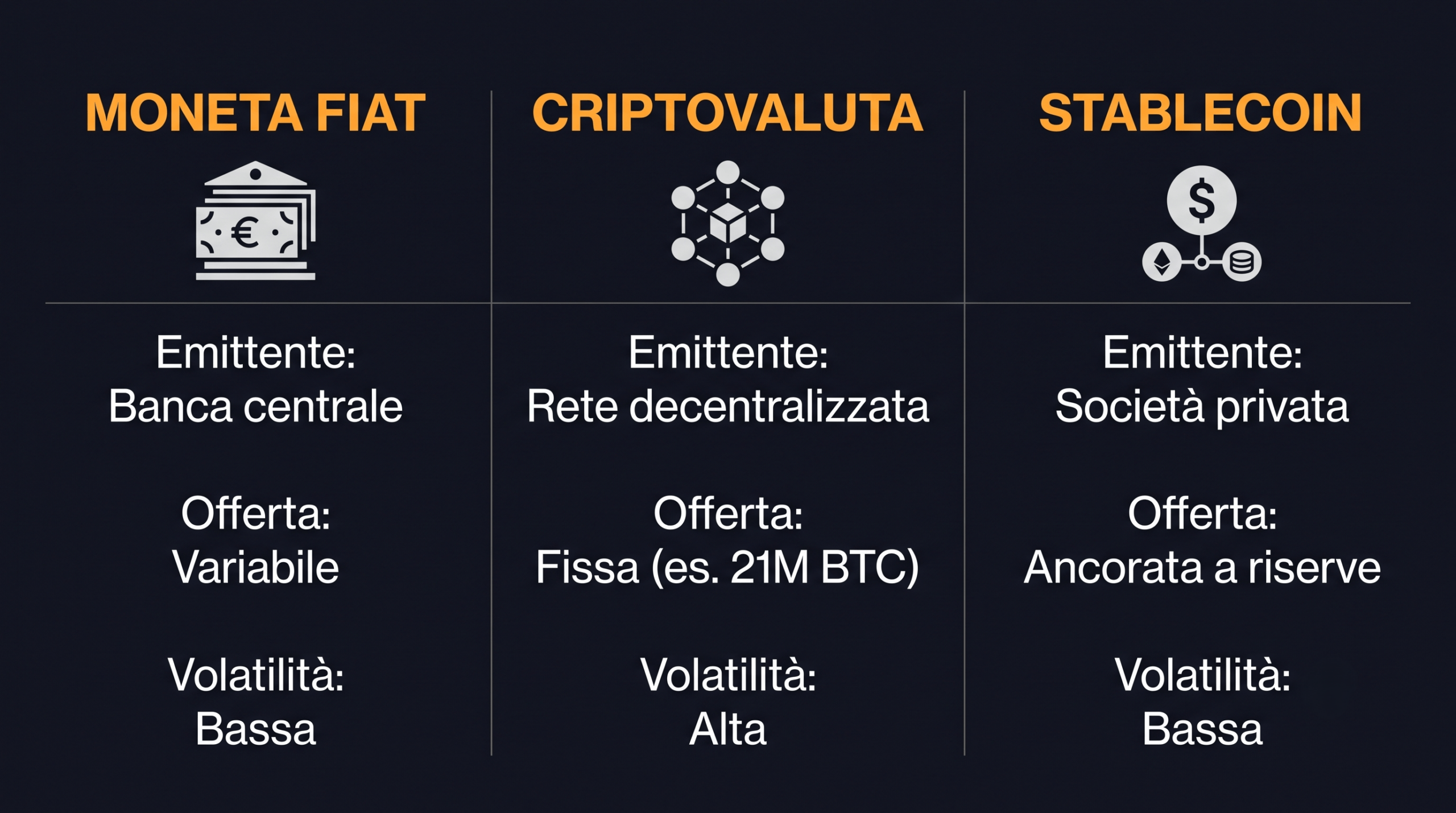 Confronto tra moneta fiat, criptovaluta e stablecoin