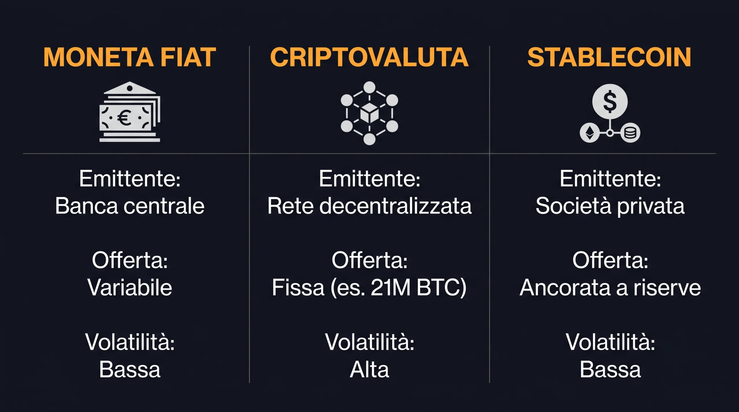 Criptovalute Confronto tra moneta fiat, criptovaluta e stablecoin