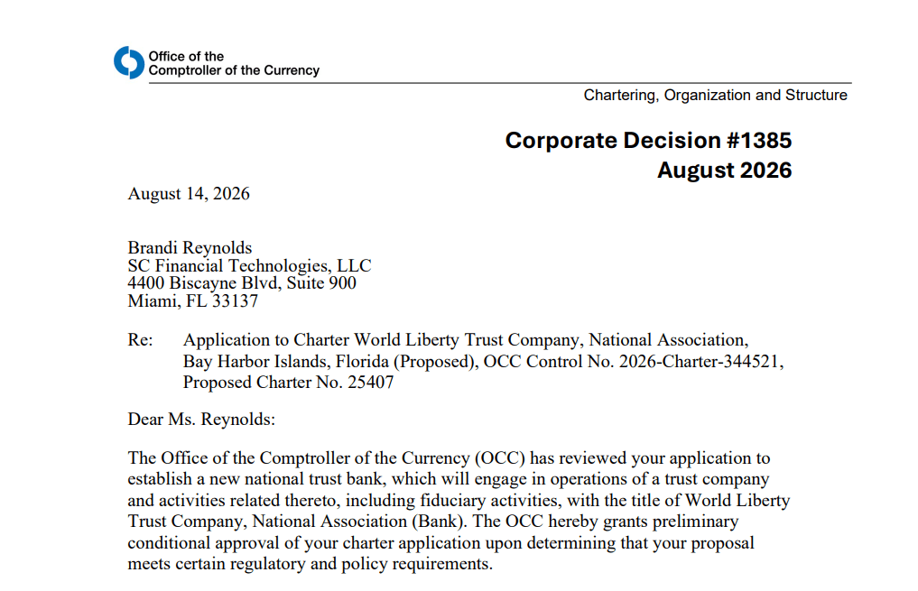 World Liberty Financial ottiene charter OCC condizionato documento ufficiale occ approvazione wlfi