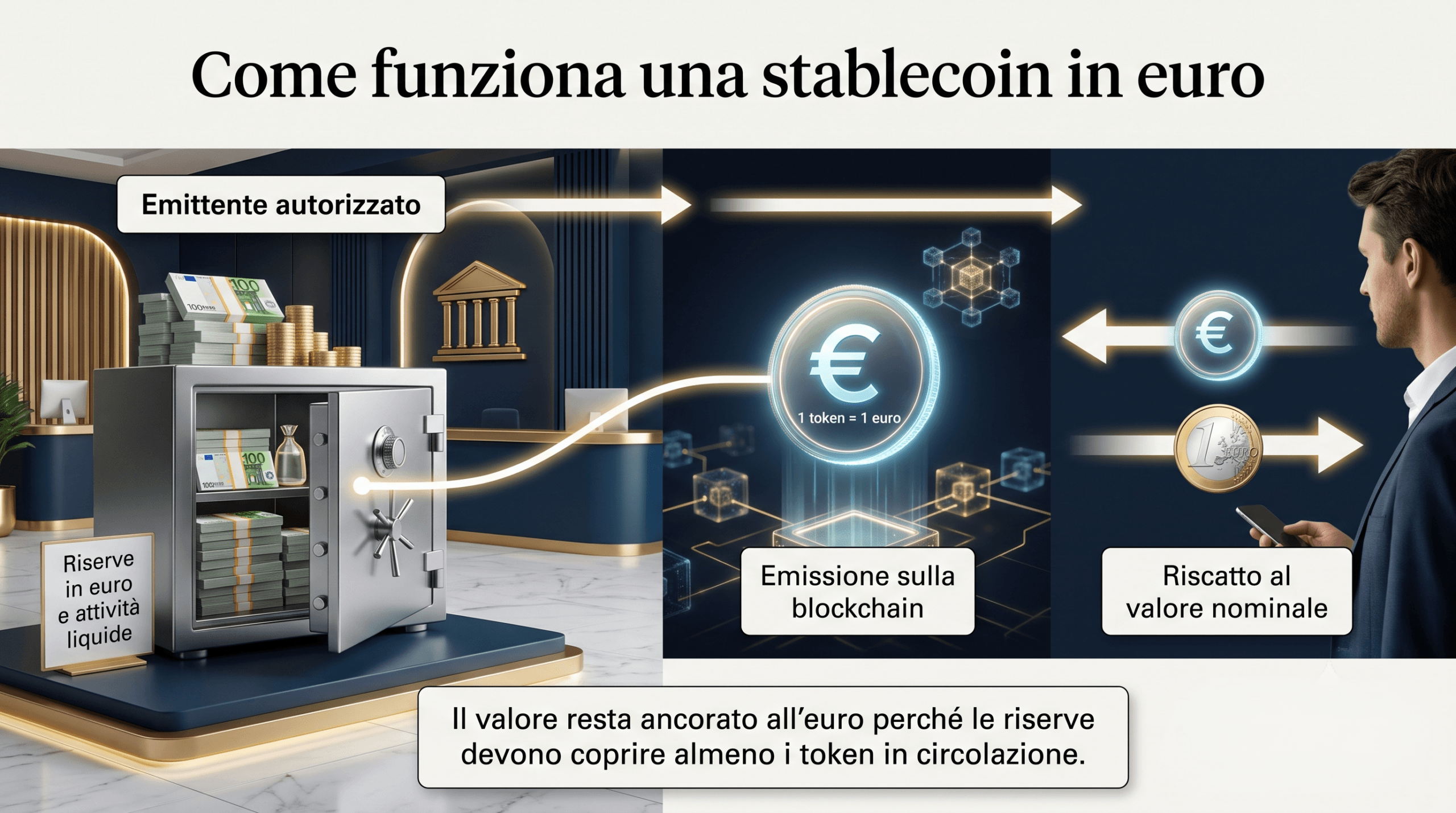 Stablecoin in euro: cosa sono e chi le sta lanciando Schema del funzionamento di una stablecoin in euro con riserva 1:1 e riscatto al valore nominale.