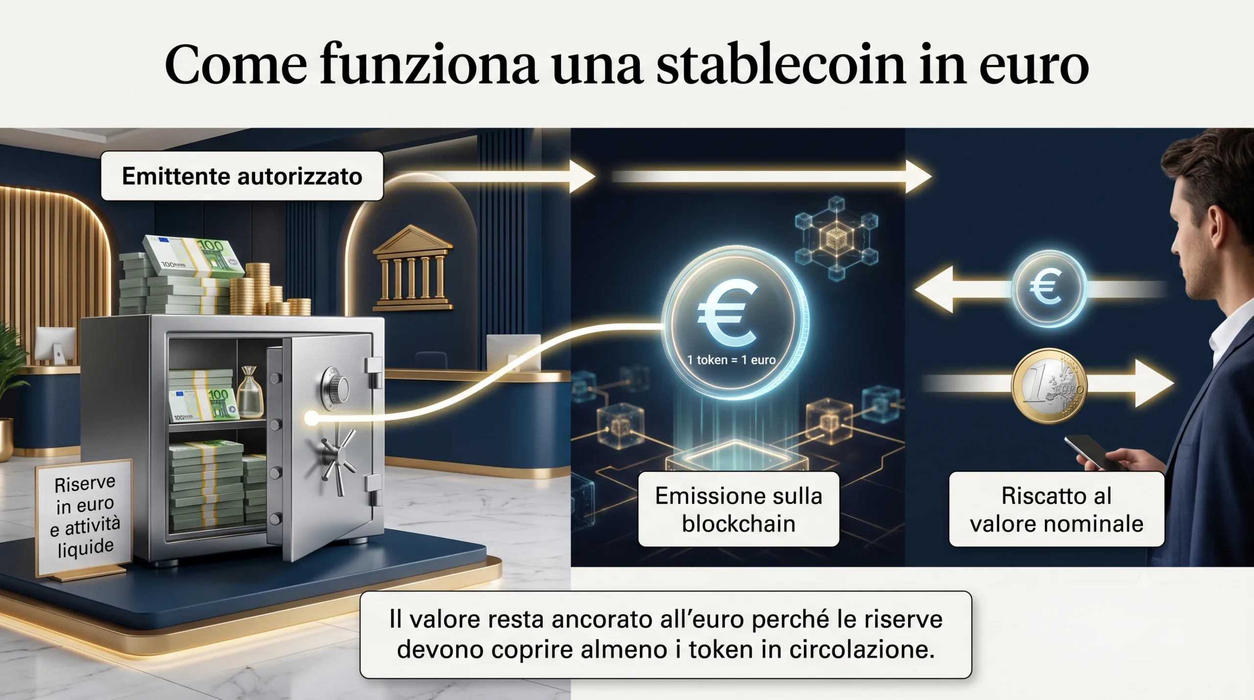 Schema del funzionamento di una stablecoin in euro con riserva 1:1 e riscatto al valore nominale.