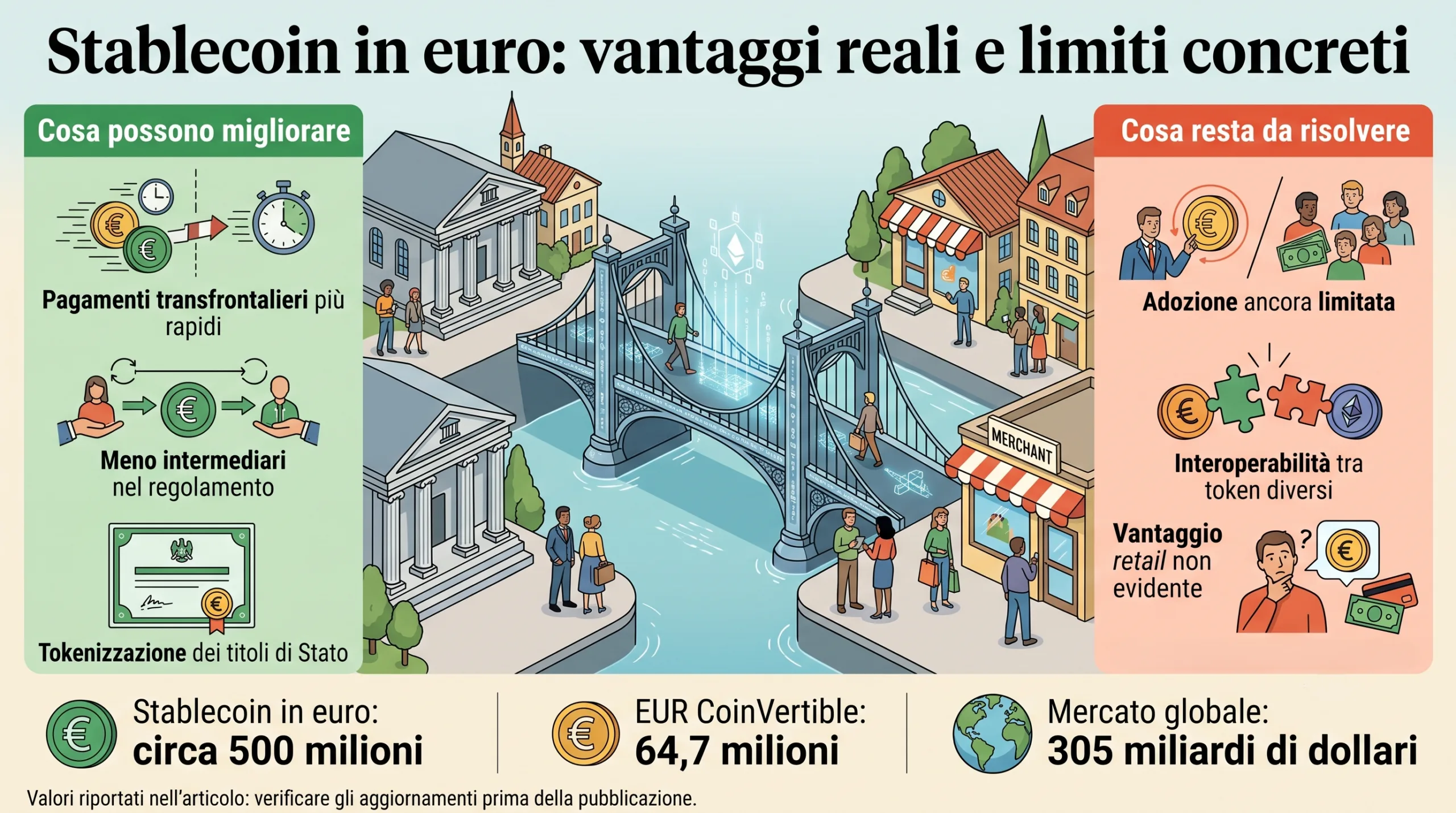 Vantaggi e limiti delle stablecoin in euro tra pagamenti rapidi, riserve e scarsa adozione.