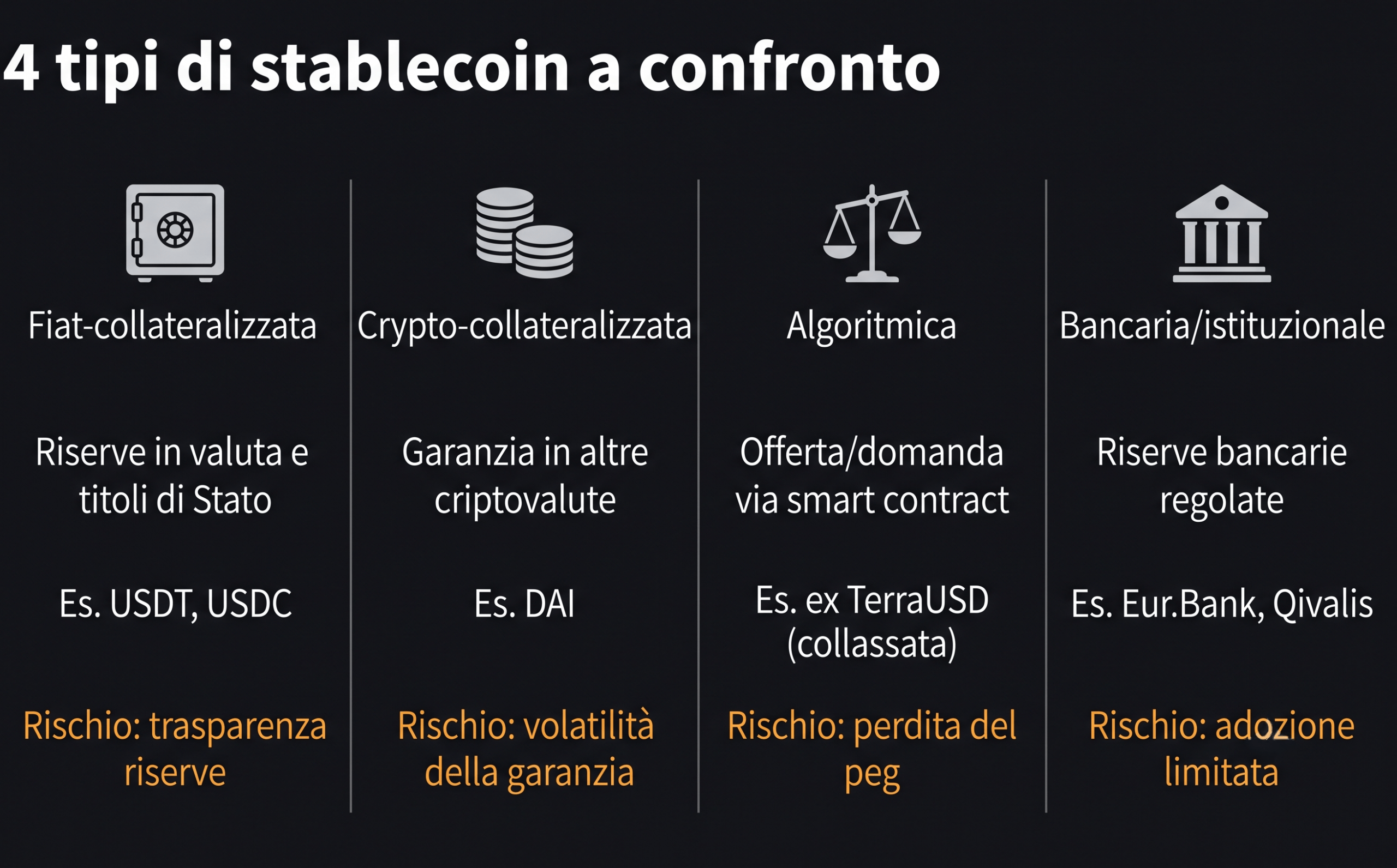 confronto tra i 4 tipi di stablecoin: fiat, crypto, algoritmiche, bancarie