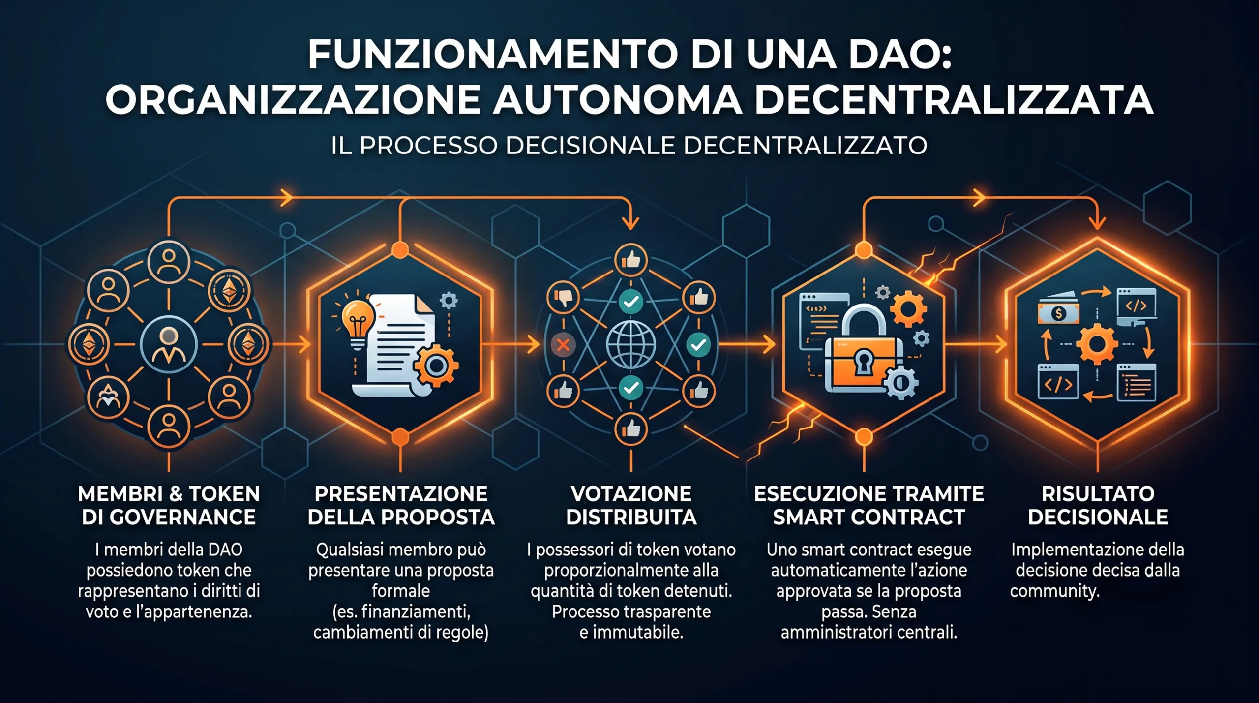 Infografica sul funzionamento di una DAO organizzazione autonoma decentralizzata nel Web3