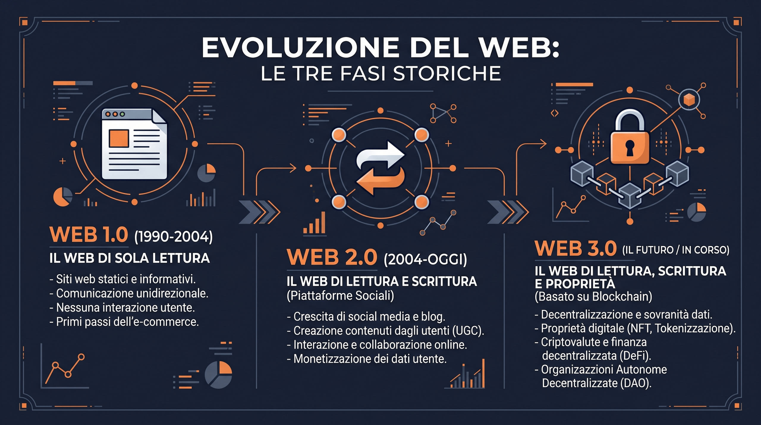Infografica sull'evoluzione del web da Web1 a Web3 con lettura scrittura e proprietà