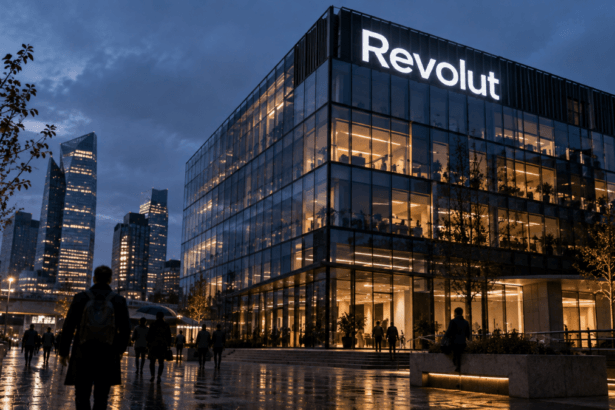 Sede di Revolut al crepuscolo con logo aziendale illuminato sulla facciata nel quartiere finanziario, simbolo del cyberattacco con furto dati e uso dell'infrastruttura delle forze di polizia italiane.