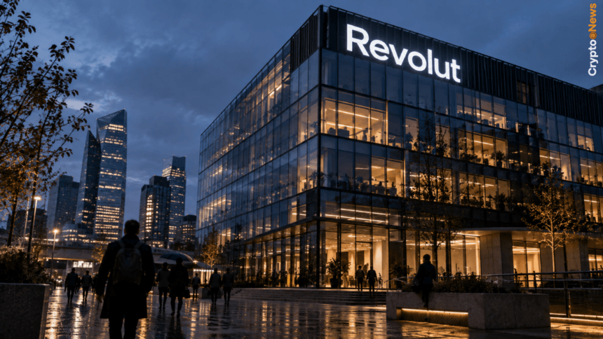 Sede di Revolut al crepuscolo con logo aziendale illuminato sulla facciata nel quartiere finanziario, simbolo del cyberattacco con furto dati e uso dell'infrastruttura delle forze di polizia italiane.